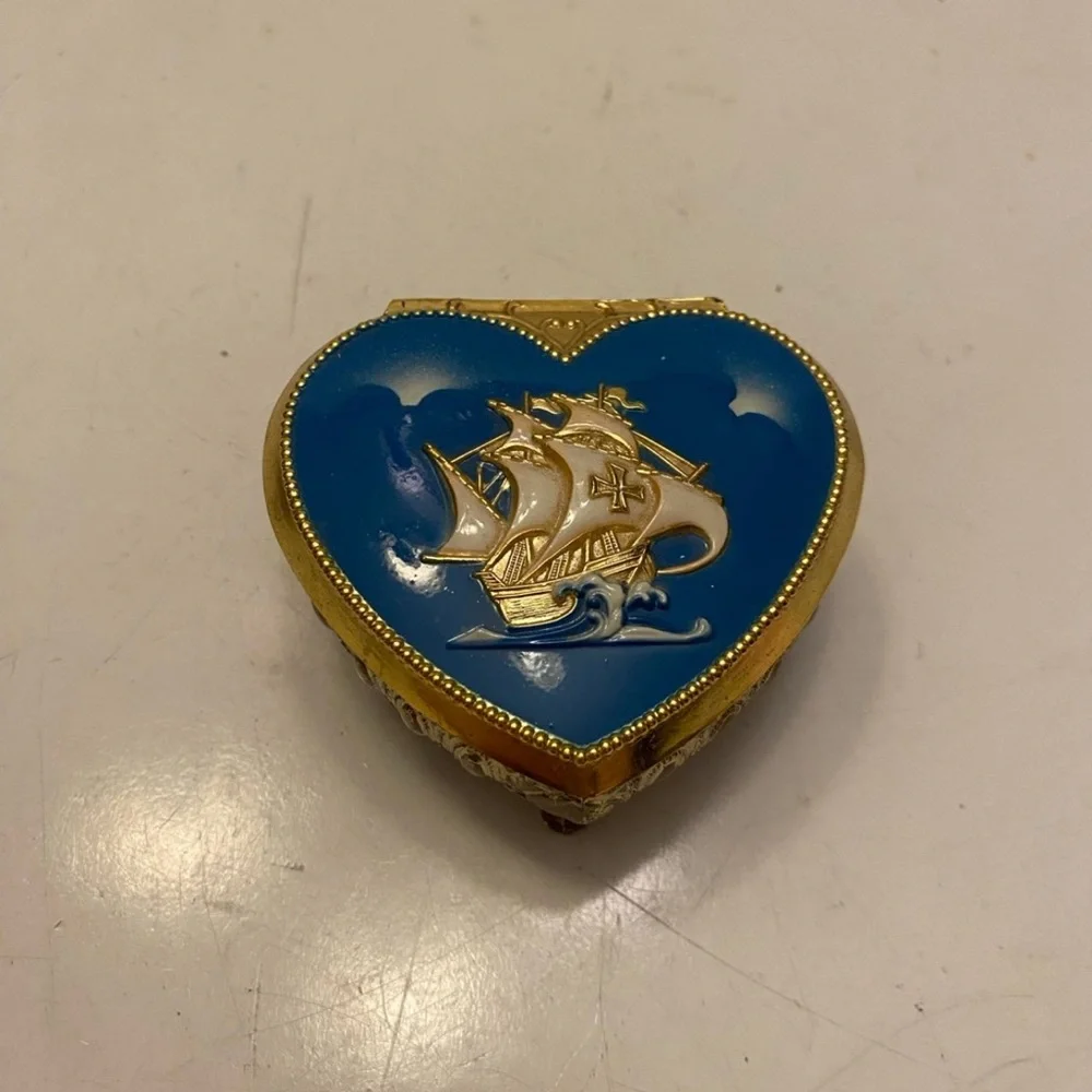 Sailing Ship Heart shape Trinket Box  Blue and Silver with Red Lining Vintage